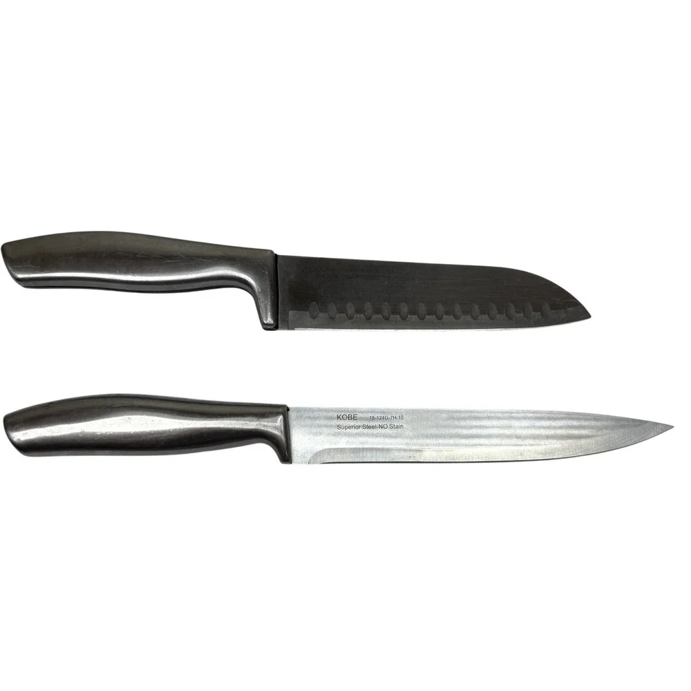 Hampton Forge 2-Piece Knife Set: 7in Santoku & Slicer, Stainless Steel Handles